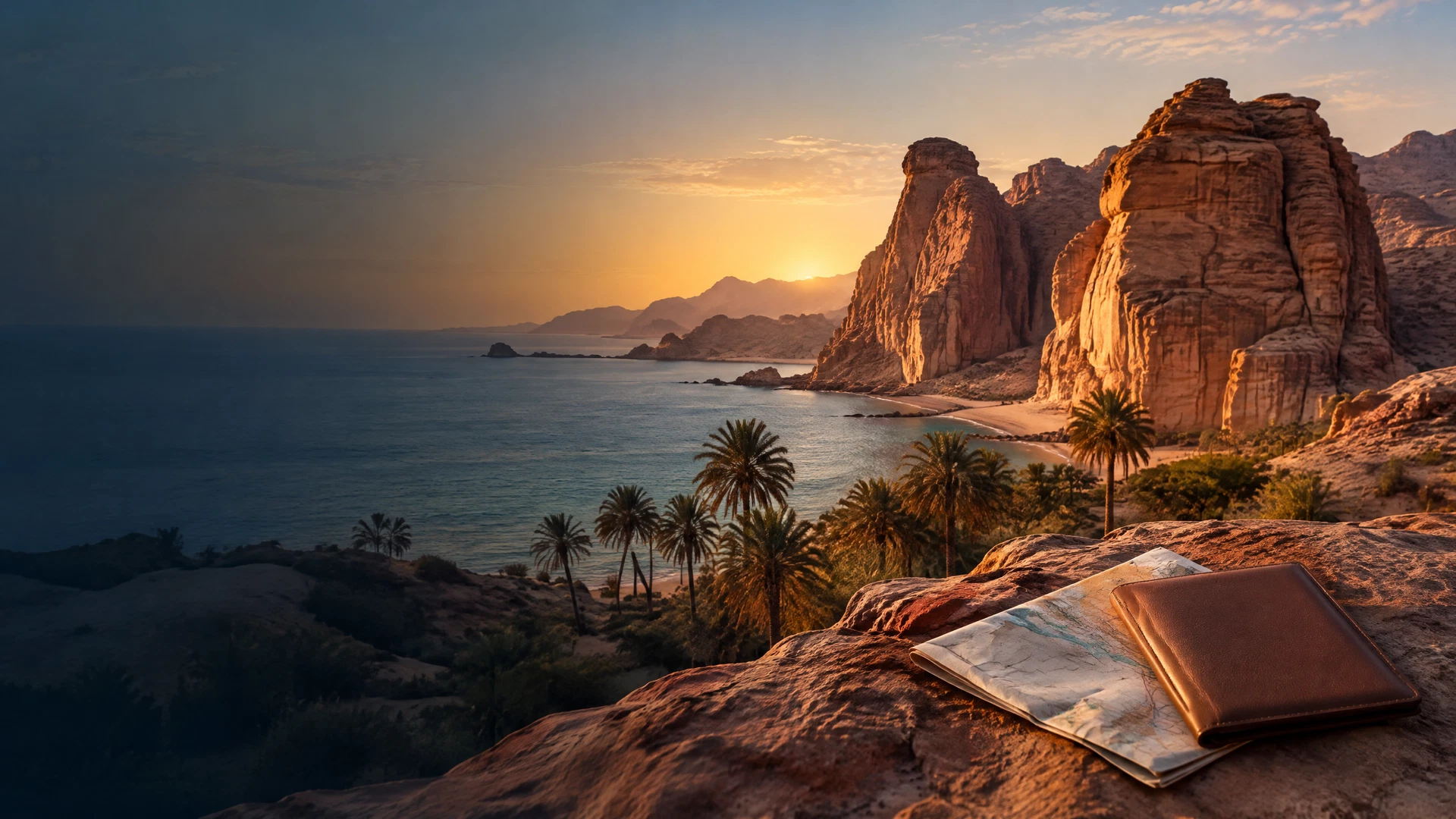 Paysage de grès et désert d’Arabie saoudite au lever du jour