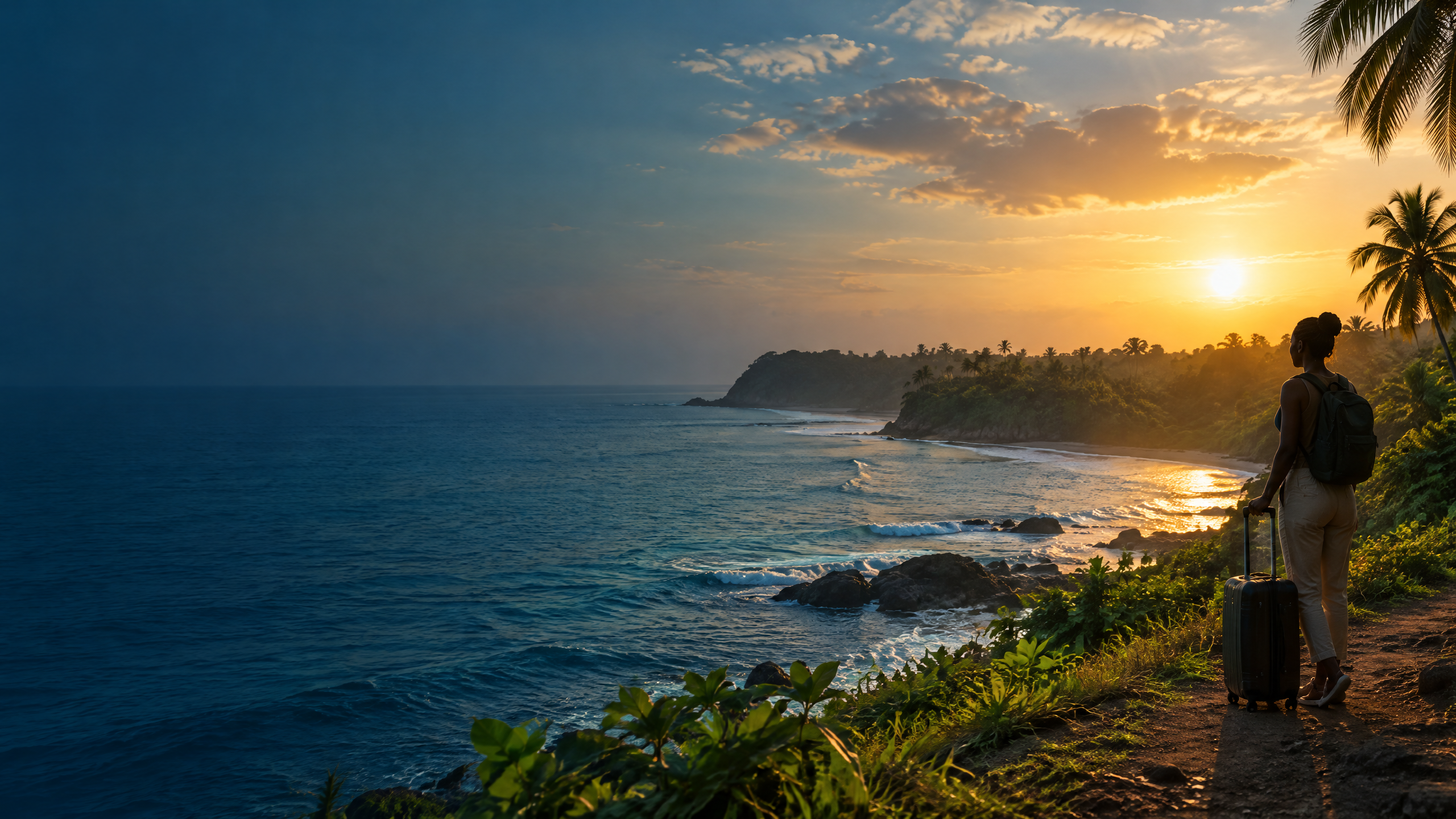 Côte tropicale du Cameroun au coucher du soleil