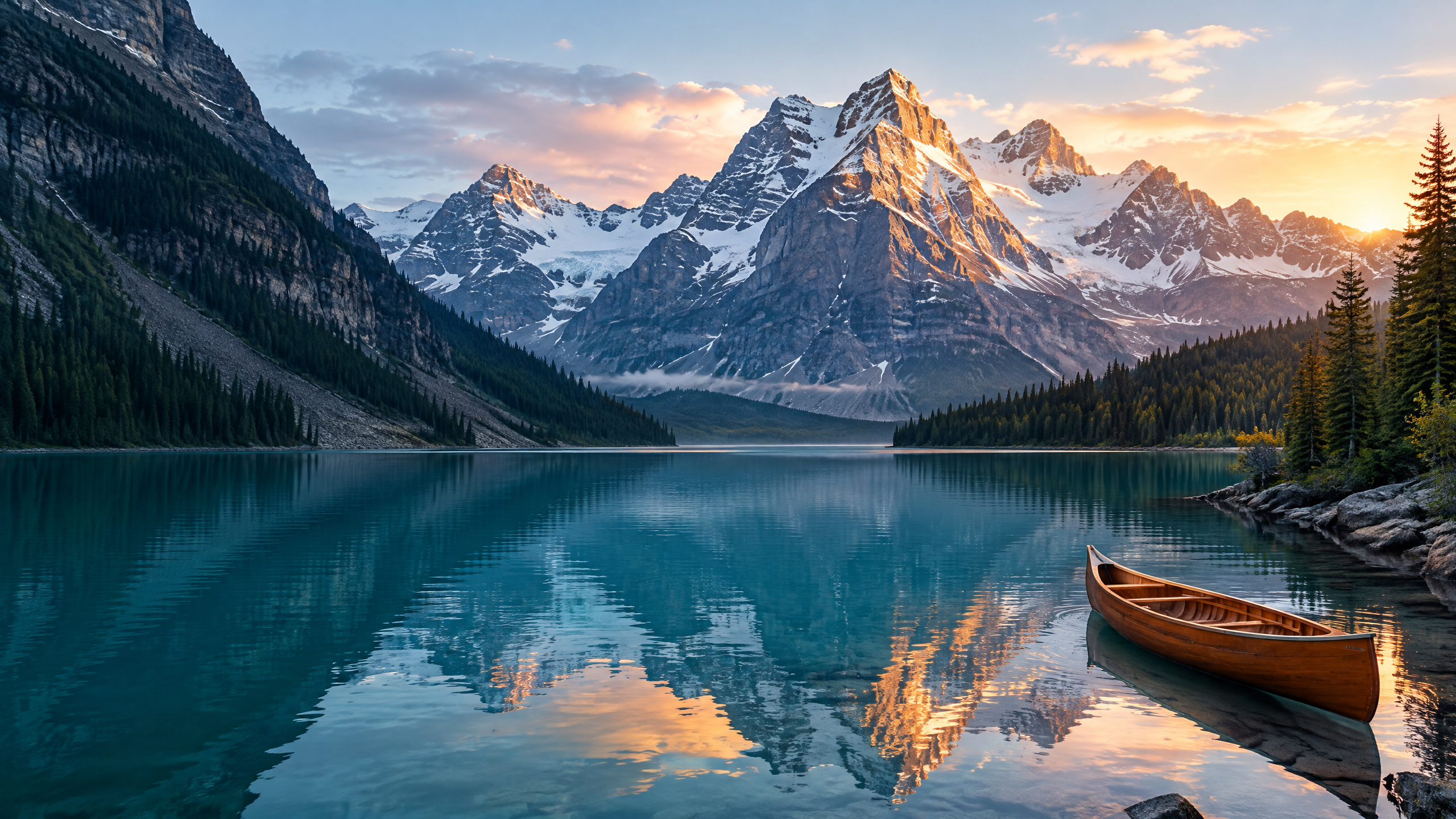 Lac de montagne et canoë au Canada au lever du soleil