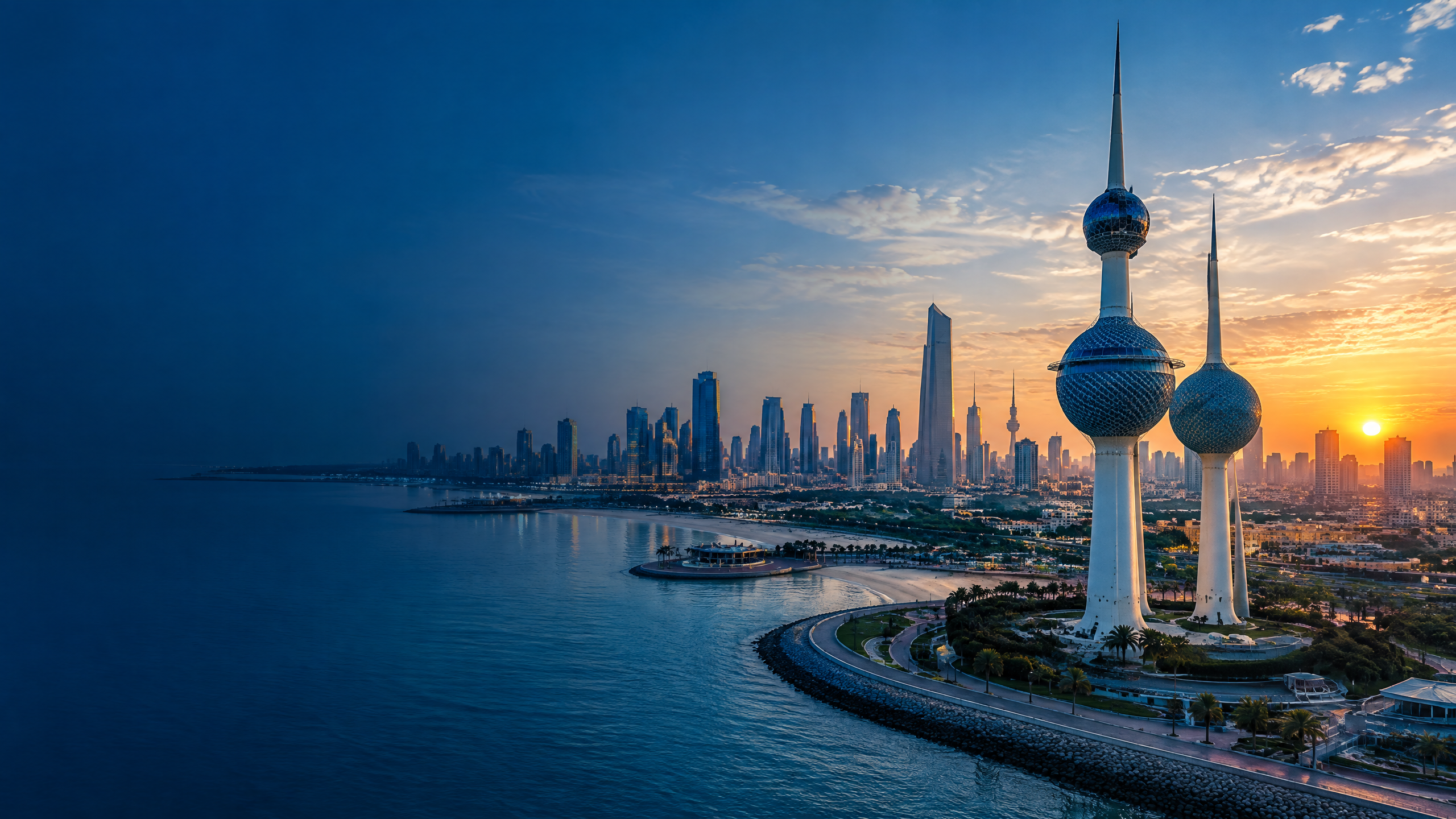Kuwait Towers et skyline de Koweït City au coucher du soleil