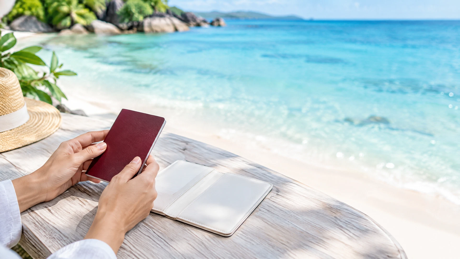 Illustration : Documents Seychelles : passeport, selfie, vol et hébergements