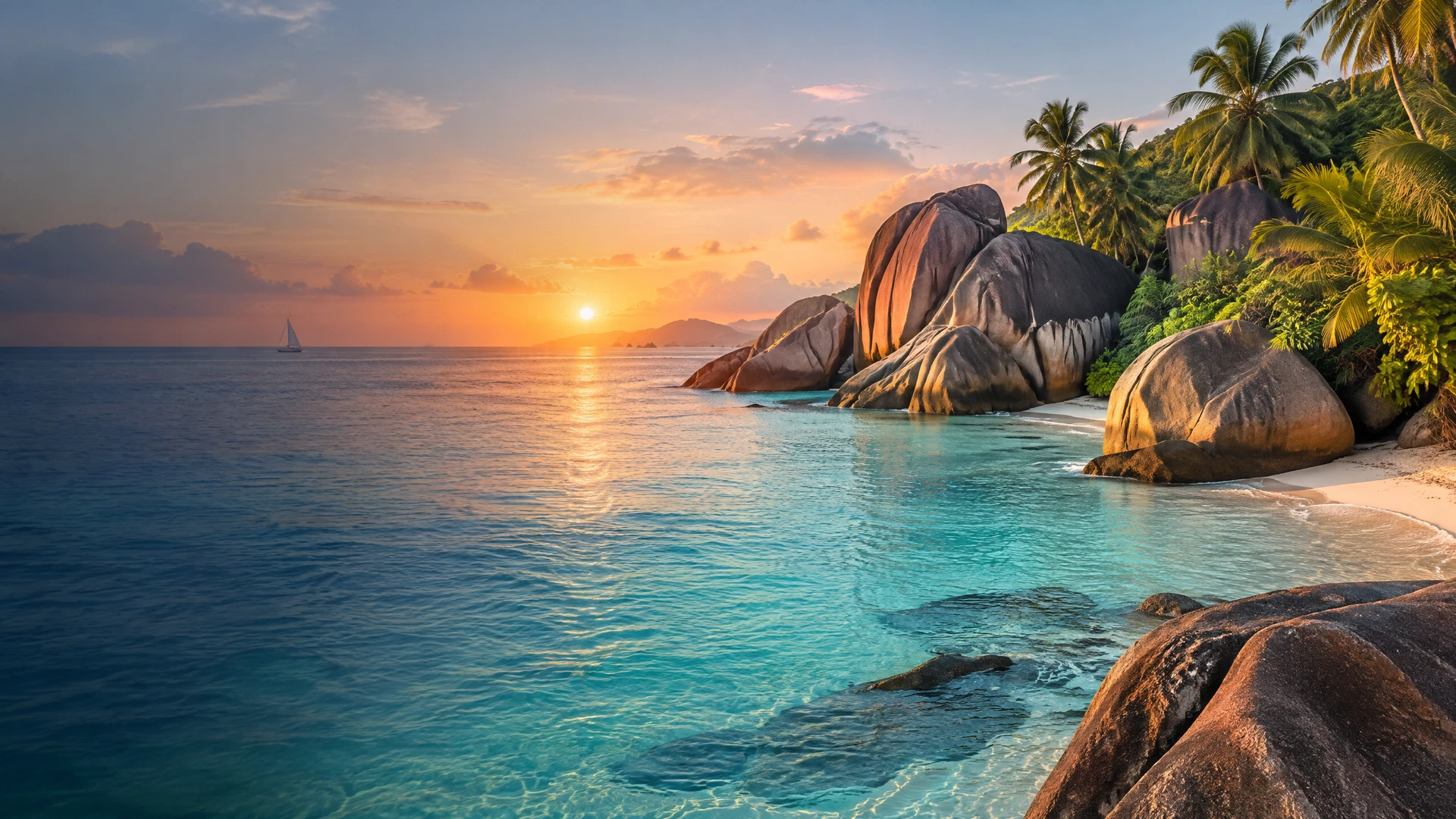 Plage de granit et eau turquoise aux Seychelles au lever du soleil